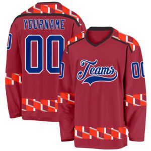 Custom Maroon Royal Orange Black-White 3D Pattern Plaid Hockey Jersey