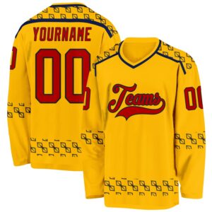 Custom Gold Red Navy-Black 3D Pattern Plaid Hockey Jersey