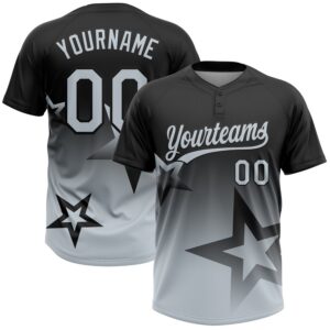 Custom Black Silver Gradient Style Twinkle Star Two-Button Unisex Softball Jersey